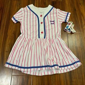 Happy Kids Vintage Team Sports baseball white pink stripe short sleeve dress